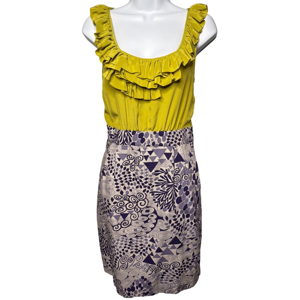 MAEVE‎ Womens Yellow Purple Silk Ruffle Abstract Print Dress Sz 6 Eclectic Chic